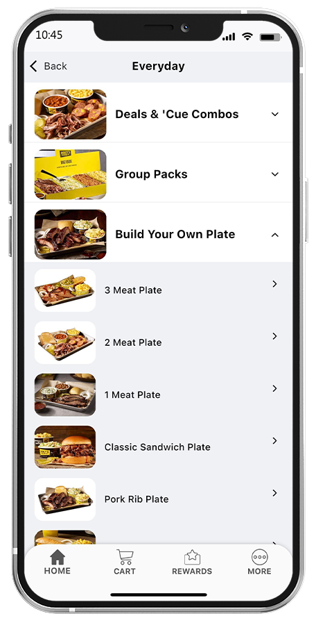 Mobile phone showing the Dickeys Barbecue mobile app for food ordering